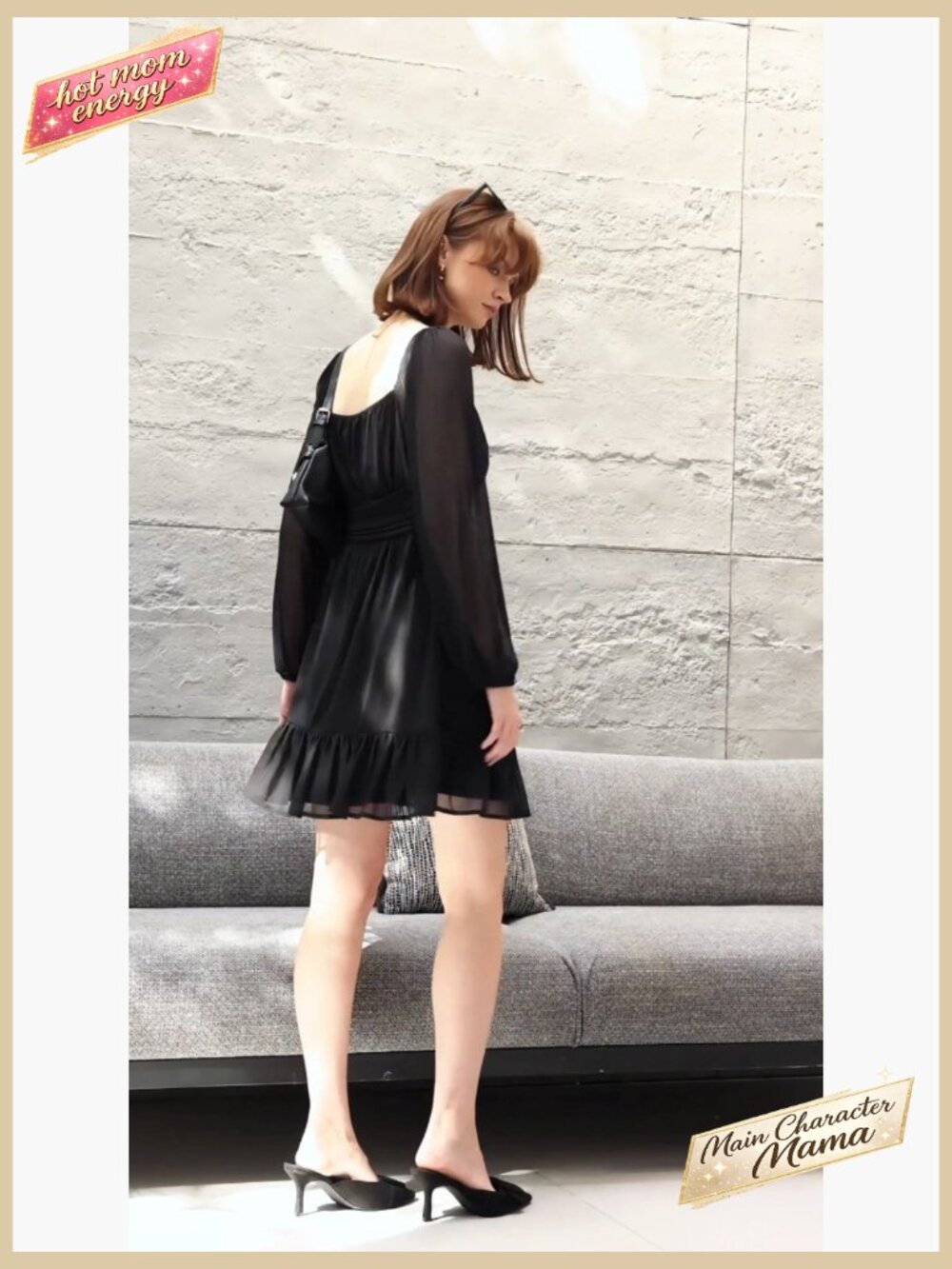 Mesh Long Sleeve Square Neck Mini Dress Ruffle Hem High Waist A-Line Flowy Party - Picture 7 of 7